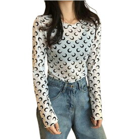 「即納」月柄　3色　シースルー　トップス　長袖　カットソー　薄手　透け感　Tシャツ　インナー　重ね着　ダンス　衣装　ヒップホップ　HIPHOP　レディース　ガールズ　ストリート　個性的　スター　星　韓国　おしゃれ　セクシー　メロウ　メロー　白　黒　緑　総柄