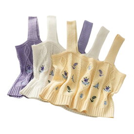 「即納」花柄　ニット　ビスチェ　フラワー　白　ホワイト　イエロー　黄色　紫　パープル　ショート丈　短い　短め　ダンス　衣装　ヒップホップ　HIPHOP　レディース　ガールズ　kpop　大人　おしゃれ　かわいい　キャミソール　タンクトップ　韓国　刺繍