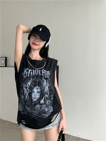 Tシャツ カットソー ノースリーブ 袖なし クラッシュ ダメージ加工 破損加工 切り替え 体型カバー ヴィンテージ風 レトロ調 原宿系ファッション 韓国風 ダンス 衣装 ダンサー ヒップホップ HIPHOP 個性 奇抜 かわいい 青文字系 トップス レディース 女
