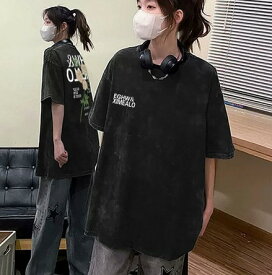 Tシャツ カットソー 五分 七分 半袖 切り替え 体型カバー ヴィンテージ風 レトロ調 大きいサイズあり 原宿系ファッション 韓国風 ダンス 衣装 ダンサー ヒップホップ HIPHOP 個性 奇抜 かわいい 青文字系 トップス レディース 女