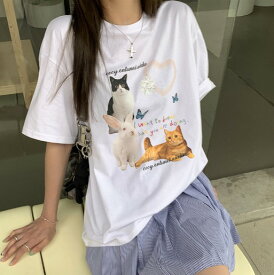 Tシャツ カットソー 五分 七分 半袖 プリント 切り替え バイカラー 配色 体型カバー 原宿系ファッション 韓国風 ダンス 衣装 ダンサー ヒップホップ HIPHOP 個性 奇抜 かわいい 青文字系 トップス レディース 女