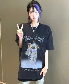 Tシャツ カットソー 五分 七分 半袖 プリント 切り替え 体型カバー ヴィンテージ風 レトロ調 原宿系ファッション 韓国風 ダンス 衣装 ダンサー ヒップホップ HIPHOP 個性 奇抜 かわいい 青文字系 トップス レディース 女