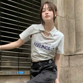 ポロシャツ　半袖　トップス　カットソー　Tシャツ　ロゴ　プリント　グレー　襟　ダンス　衣装　ヒップホップ　HIPHOP　レディース　ガールズ　ストリート　個性的　奇抜　ボーダー