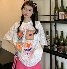 半袖　トップス　カットソー　Tシャツ　花型　チューリップ　カラフル　ホワイト　ビッグ　ゆったり　ダンス　衣装　ヒップホップ　HIPHOP　レディース　ガールズ　ストリート　個性的　奇抜　かわいい　韓国
