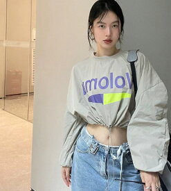 長袖　トップス　カットソー　Tシャツ　ロゴ　プリント　ホワイト　グレー　へそ出し　短め　短い　絞り　ダンス　衣装　ヒップホップ　HIPHOP　レディース　ガールズ　ストリート　個性的　奇抜