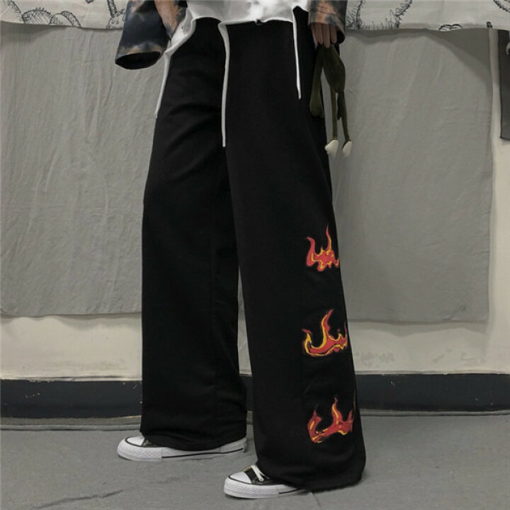 楽天市場 即納 炎 プリント パンツ ズボン ボトムス 黒 ブラック ジャージ スウェット ゴム ロング ストレート シンプル ダンス 衣装 ヒップホップ Hiphop レディース メンズ ガールズ ストリート 個性的 奇抜 派手 ハイウエスト 太い 大きいサイズ Kathina