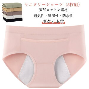 5枚セット ポケット付 生理用ショーツ サニタリーショーツ 綿 コットン 吸水 サニタリー ショーツ 小学生 中学生 ジュニア レディース 下着 パンツ 吸水ショーツ 漏れない クロッチ防水 大き