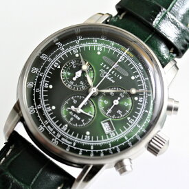 綺麗なグリーン！ドイツのZEPPELIN ツェッペリン アラームクロノグラフ 腕時計 8680-4 ツェッペリン号生誕100周年記念モデル メーカー希望小売価格67,100円