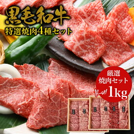 黒毛和牛 ・特選焼肉 4種セット 1kg(500g×2)・ロース ハネシタ モモ カルビ 赤身 和牛 高級肉 お肉 肉 お取り寄せ 焼き肉 焼肉セット お取り寄せグルメ 牛肉 もも 美味しい ギフト 誕生日 贈り物 内祝い プレゼント お中元 お歳暮