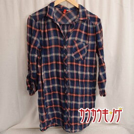 【中古】H&M DIVIDED ロング丈 チェック シャツ 34 ネイビー x オレンジ レディース