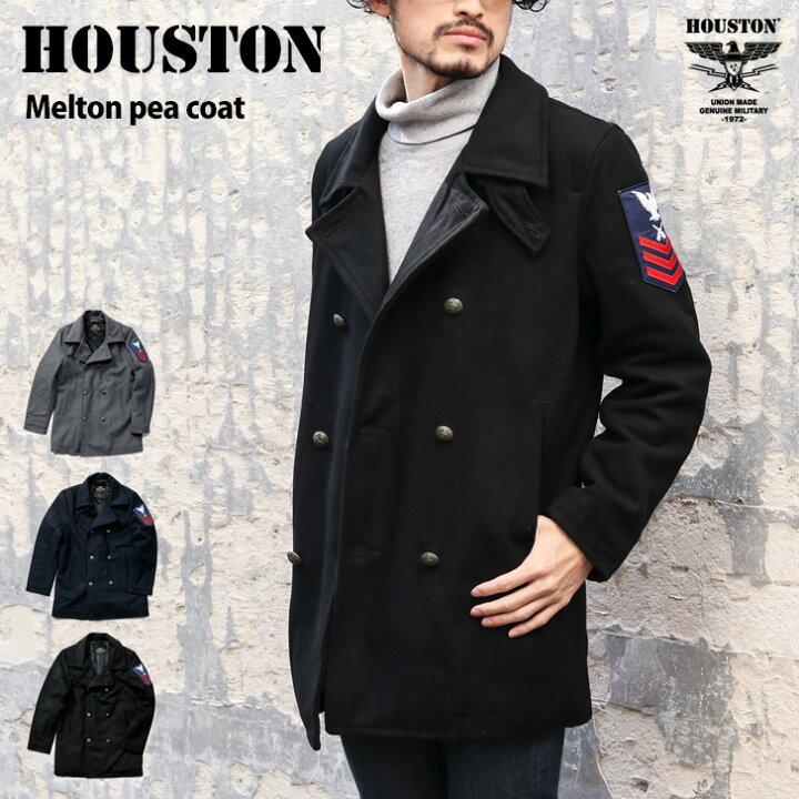 楽天市場 送料無料 Houston ヒューストン Melton Pea Coat メンズ アウター ピーコート Pコート 上着 ジャケット 秋冬 ブランド メルトン 防寒 中綿 暖か ウール混 おしゃれ カジュアル ミリタリー 黒 Joknet楽天市場店