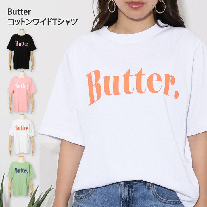 楽天市場 Butterプリントコットンワイドtシャツ レディース トップス 半袖 5分袖 ゆったり ロゴ 大きめ カジュアル おしゃれ K Pop 韓国 バター ストリート 可愛い アイドル 綿100 ロゴt 無地 配色 Joknet楽天市場店
