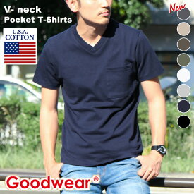 ＼本日店内SALE／ POINT 送料無料 Goodwear グッドウェア ポケット Vネック Tシャツ メンズ レディース 半袖 綿 USAコットン カットソー トップス インナー ポケT ポケット付き tシャツ ゆったり 無地 肉厚 厚手 2W7-3508 ブランド メール便