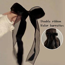 送料無料 ベロア シースルー ダブル リボン バレッタ アクセサリー ヘアアクセサリー ヘアクリップ レディース まとめ髪 髪飾り 髪留め りぼん 大きめ 結婚式 お呼ばれ 入学式 卒業式 黒 おしゃれ かわいい 韓国 メール便