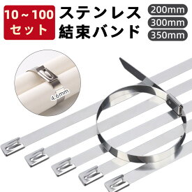 【4/15 限定★先50名様★12%OFFクーポン+P5倍！】結束バンド ステンレス 10-100本セット 200mm 300mm 350mm タイラップ バンド インシュロック バンド ホースバンド 屋外 コード まとめる 配線止め マジックテープ コード クリップ 配線 整理 ケーブル 送料無料