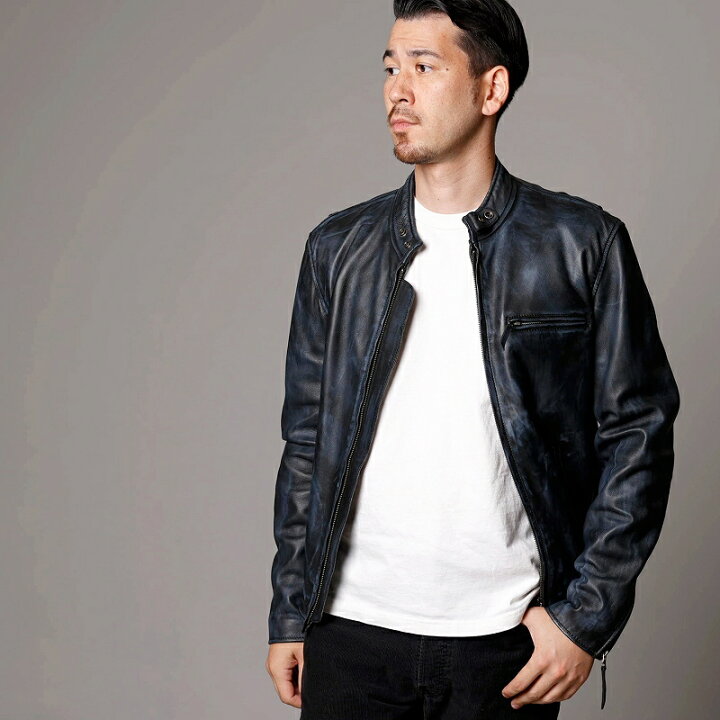 楽天市場】Mo-LAWS レザージャケット メンズ ダメージ風 ネイビー 紺色  