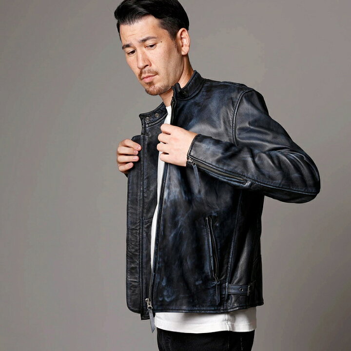 楽天市場】Mo-LAWS レザージャケット メンズ ダメージ風 ネイビー 紺色  