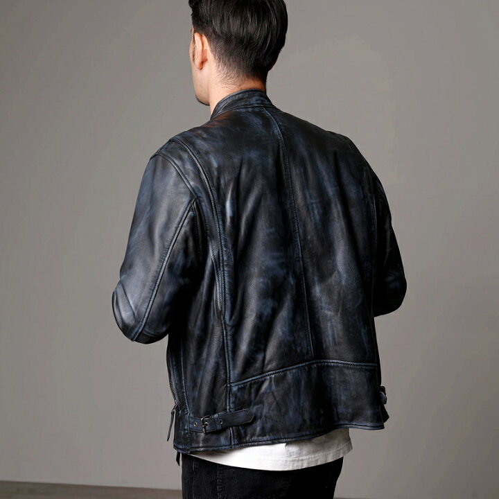 楽天市場】Mo-LAWS レザージャケット メンズ ダメージ風 ネイビー 紺色  