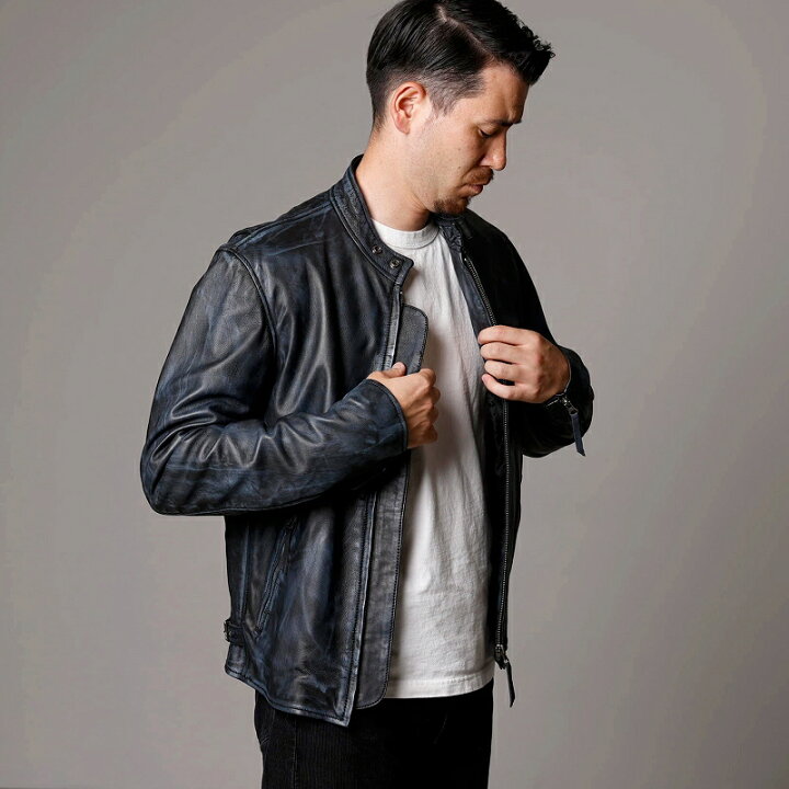 楽天市場】Mo-LAWS レザージャケット メンズ ダメージ風 ネイビー 紺色  