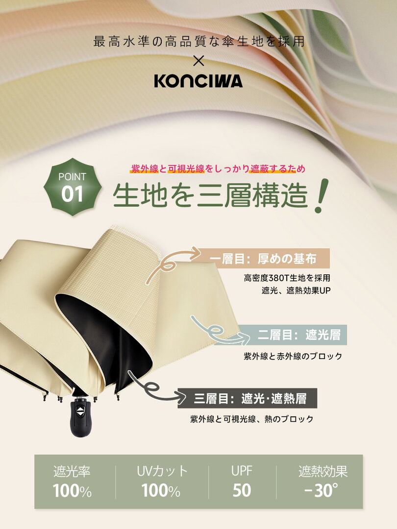 【1,000円OFFクーポン・6/20】日傘 KONCIWA 5秒でたためる日傘 軽量 完全遮光 遮熱-30℃ 形状記憶 レディース メンズ兼用 UVカット100% ワンタッチ自動開閉 コンパクト 6本骨 超撥水 日焼け防止 無地 3段 折りたたみ晴雨兼用 - メイン画像 9