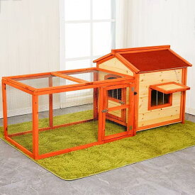 木製ウサギ小屋、ランとアスファルト屋根付きの屋外ウサギケージ、ウサギ、モルモット、鶏、アヒルの子に最適なペットハウス(Original wood red 85*78*88CM)