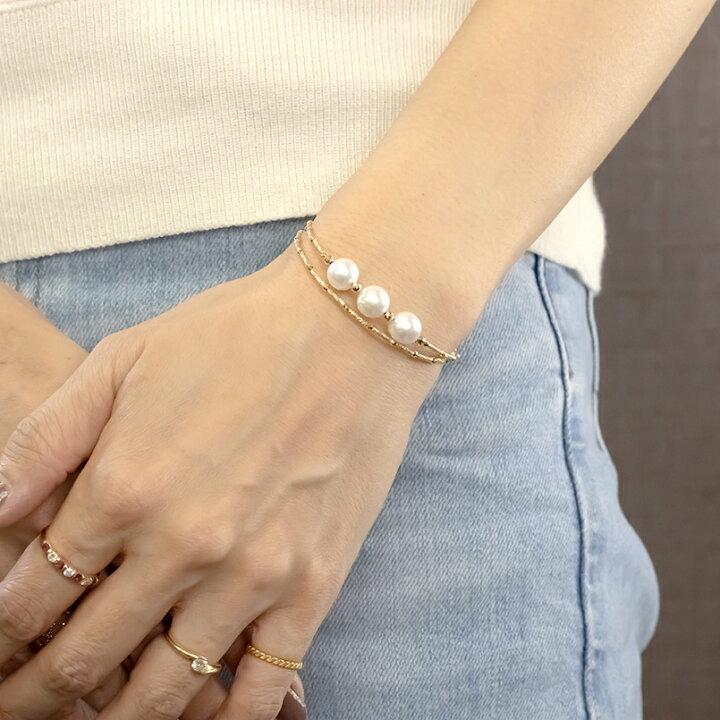 楽天市場】18金 バングル ブレスレット 2連 パール 真珠 形状記憶  