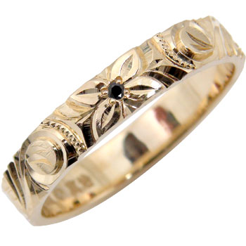 ハワイアンジュエリー ブラックダイヤ 指輪 ピンクゴールドK18 オリジナル 手彫りハワイアンリング 一粒ダイヤモンド ミル打ち ハワジュ レディース メンズ 大きいサイズ対応