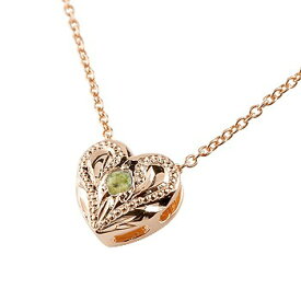 18金 ネックレス ハワイアンジュエリー ハート ペリドット ピンクゴールドk18 ペンダント プチ18k マイレ ミル打ちデザイン レディース