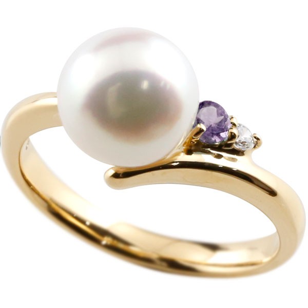10金 真珠 指輪 パール アメジスト ダイヤモンド リング イエローゴールドk10 ピンキーリング 本真珠 ダイヤ 10k レディース 大きいサイズ対応 送料無料 人気