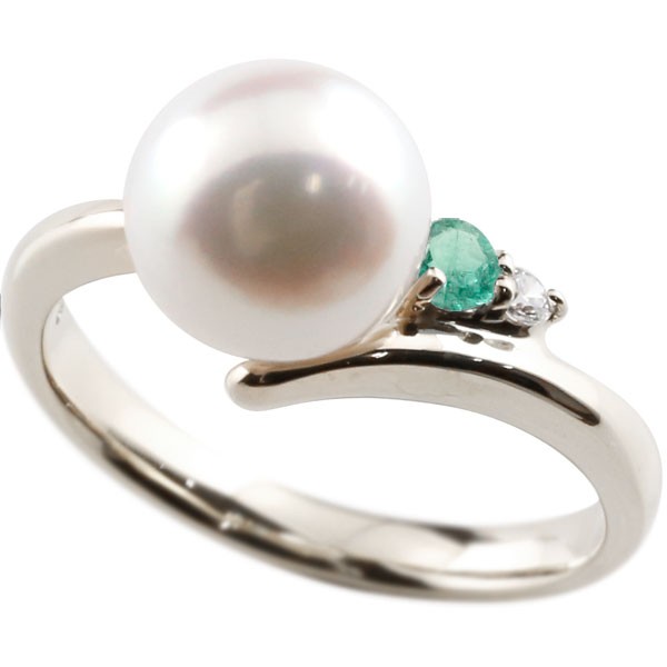 プラチナ 真珠 指輪 パール 900 エメラルド ダイヤモンド リング ピンキーリング 本真珠 ダイヤ レディース 大きいサイズ対応