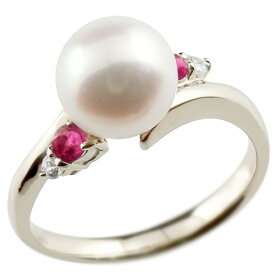 真珠 指輪 パール ホワイトゴールドk10 ルビー ダイヤモンド リング ピンキーリング 本真珠 ダイヤ 10金 ユニセックス 【ありがとうやおめでとうを伝えよう・プレゼント・誕生日・お祝い】 人気 おしゃれ 大人 普段使い ジュエリー