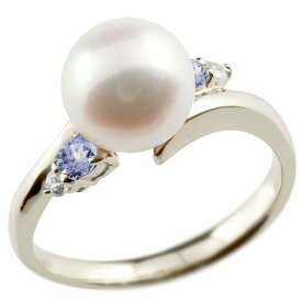 [スーパーセール10％OFF]真珠 指輪 パール ホワイトゴールドk10 タンザナイト ダイヤモンド リング ピンキーリング 本真珠 ダイヤ 10金