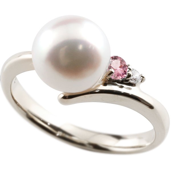 プラチナ 真珠 指輪 パール 900 ピンクトルマリン ダイヤモンド リング ピンキーリング 本真珠 ダイヤ レディース 大きいサイズ対応