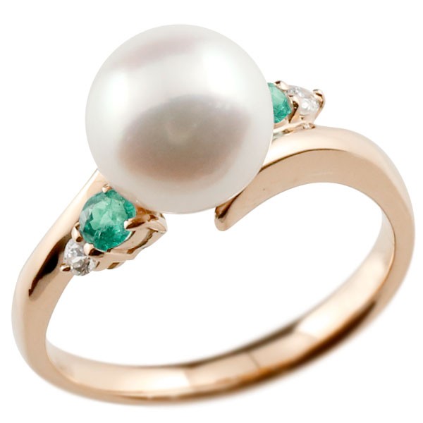 10金 真珠 指輪 パール ピンクゴールドk10 エメラルド ダイヤモンド リング ピンキーリング 本真珠 ダイヤ 10k レディース 大きいサイズ対応 送料無料 人気