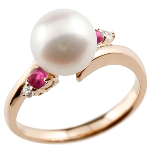 10金 真珠 指輪 パール ピンクゴールドk10 ルビー ダイヤモンド リング ピンキーリング 本真珠 ダイヤ 10k レディース 大きいサイズ対応 送料無料 人気