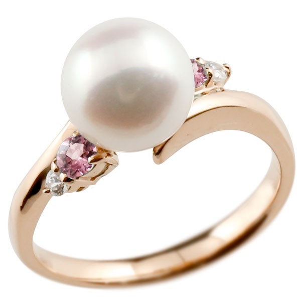 真珠 指輪 パール ピンクゴールドk18 ピンクトルマリン ダイヤモンド リング ピンキーリング 本真珠 ダイヤ 18k レディース18金  大きいサイズ対応