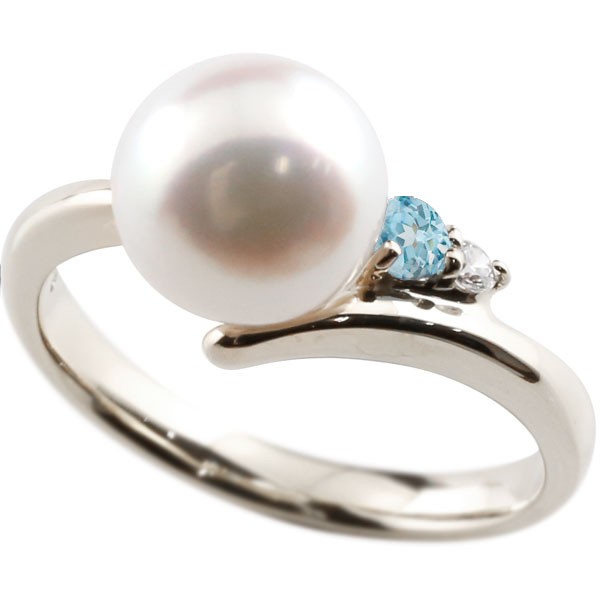 真珠 指輪 パール プラチナ900 ブルートパーズ ダイヤモンド リング ピンキーリング 本真珠 ダイヤ レディース 大きいサイズ対応 送料無料 人気