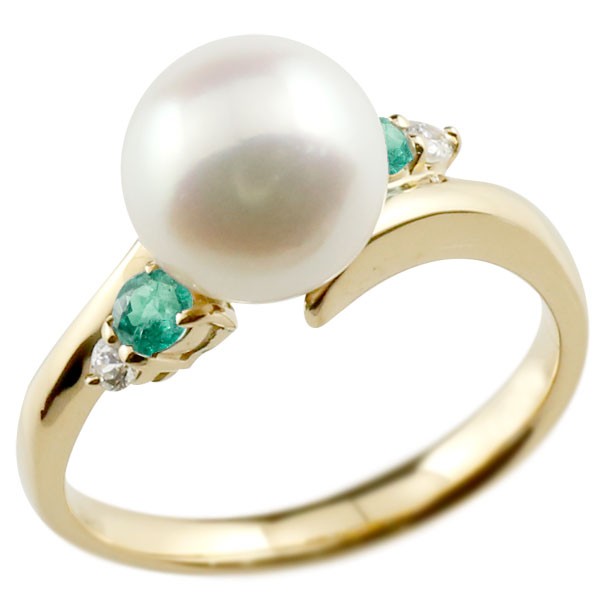 18金 真珠 指輪 パール イエローゴールドk18 エメラルド ダイヤモンド リング ピンキーリング 本真珠 ダイヤ 18k レディース 大きいサイズ対応 送料無料 人気