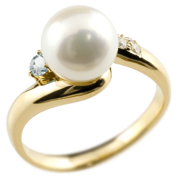 10金 真珠 指輪 パール アクアマリ ダイヤモンド リング イエローゴールドk10 10k ピンキーリング 本真珠 ダイヤ レディース 大きいサイズ対応 送料無料 人気
