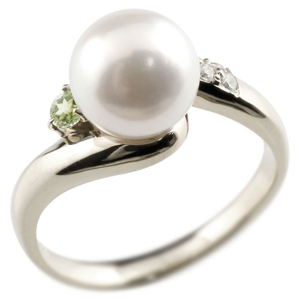 18金 真珠 指輪 パール ペリドット ダイヤモンド リング ホワイトゴールドk18 18k ピンキーリング 本真珠 ダイヤ レディース 大きいサイズ対応 送料無料 人気