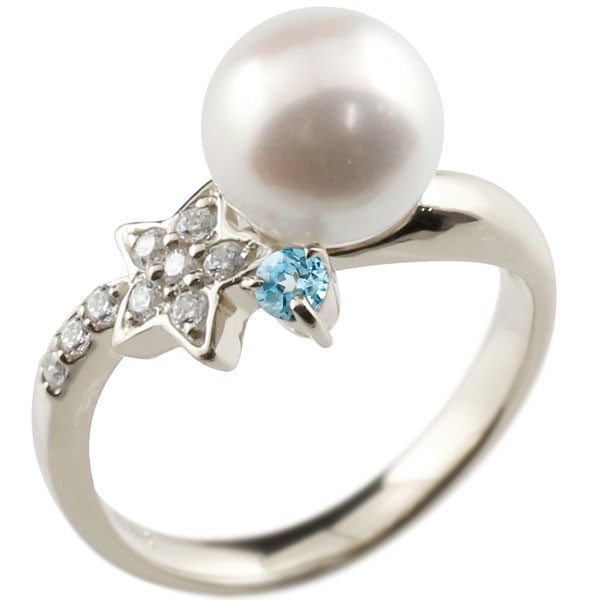 プラチナ 真珠 指輪 パール 900 ブルートパーズ ダイヤモンド リング 星 スター ピンキーリング 本真珠 ダイヤ レディース 大きいサイズ対応