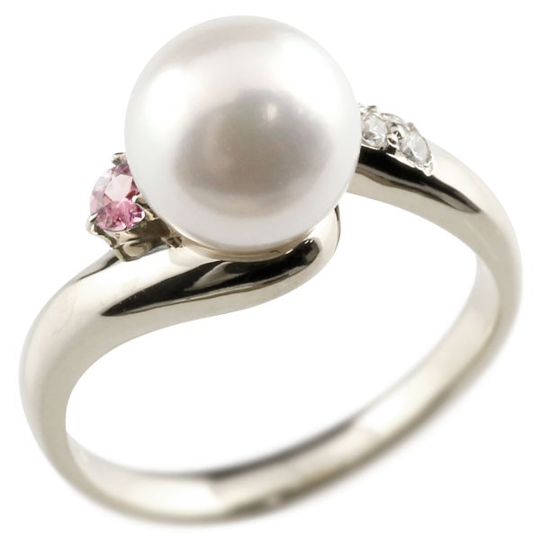 10金 真珠 指輪 パール ピンクトルマリン ダイヤモンド リング ホワイトゴールドk10 10k ピンキーリング 本真珠 ダイヤ レディース 大きいサイズ対応 送料無料 人気