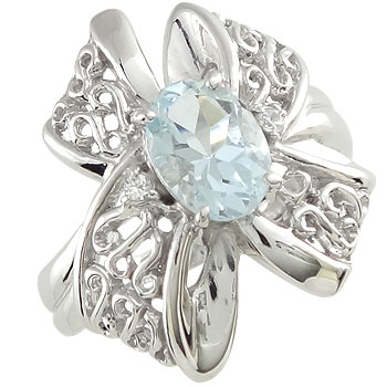 アクアマリンリング 指輪 リボン りぼん ダイヤモンド2石 ピンキーリング プラチナ900 大きいサイズ対応 送料無料 人気