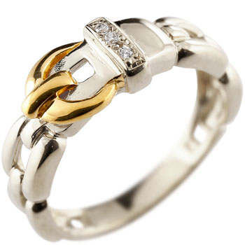 18金 ダイヤモンド プラチナ リング ベルト バックル デザイン 指輪 ピンキーリング イエローゴールドk18 コンビ メンズ レディース 18k  大きいサイズ対応 送料無料 人気