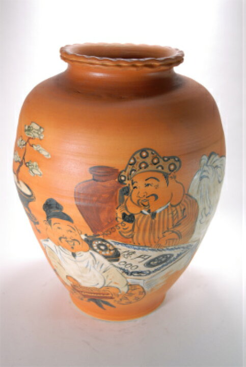 大津絵手描き花瓶 （信楽焼き・花瓶・花入れ・花器・壺・壷・水盤