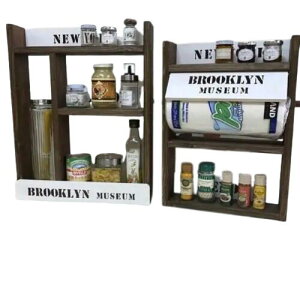 【お得な2点セット】 スパイスラック キッチンラック パスタケース3段 パスタポットラック (ウォルナットxホワイト) 奥行9cm コストコ キッチンペーパー 対応 日本製 木製 kazu工房 台所収納