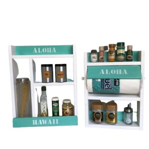 【お得な2点セット】3段スパイスラック&パスタポットラック パスタケース (ホワイトxエメラルドグリーン) kazu工房 台所収納コストコ キッチンペーパー ALOHA HAWAII 木製 キッチンラック キッチ