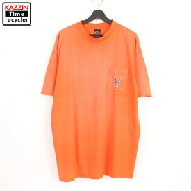 90s USA製 ハーレーダビッドソン HARLEY DAVIDSON プリント 半袖 ポケット付き Tシャツ 古着 ★ 表記3XLサイズ ビッグサイズ オレンジ