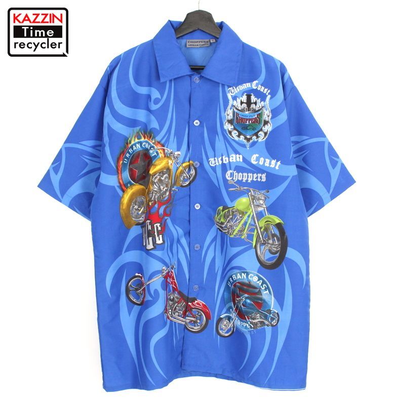 90s CHOPPERS URBAN COAST バイク柄 トライバル柄 半袖 チカーノ シャツ 古着 ★ 表記XLサイズ ビッグサイズ ブルー