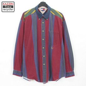 P10倍! 90s トミーヒルフィガー TOMMY HILFIGER マルチストライプ柄 ボタンダウン 長袖シャツ 古着 ★ メンズ 表記XLサイズ マルチカラー